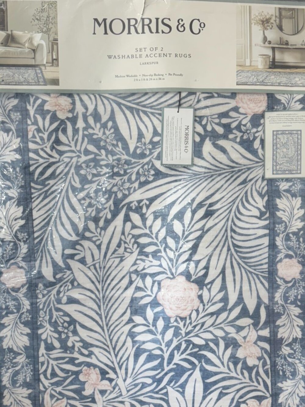 2pc Morris & Co Larkspur Blue 2'x5' & 24"x36" No Slip Back Washable Rugs Set